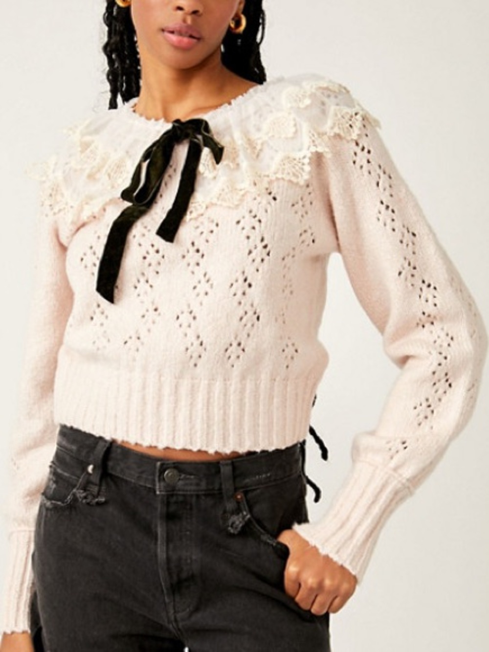Free People Hold Me Closer Sweater with Lace Collar & Velvet Bow